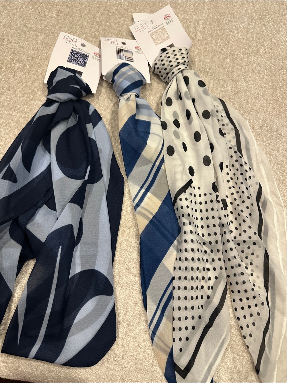 Time and Tru Navy, Light Blue & White Patterned Neck Scarves (Set of 3)